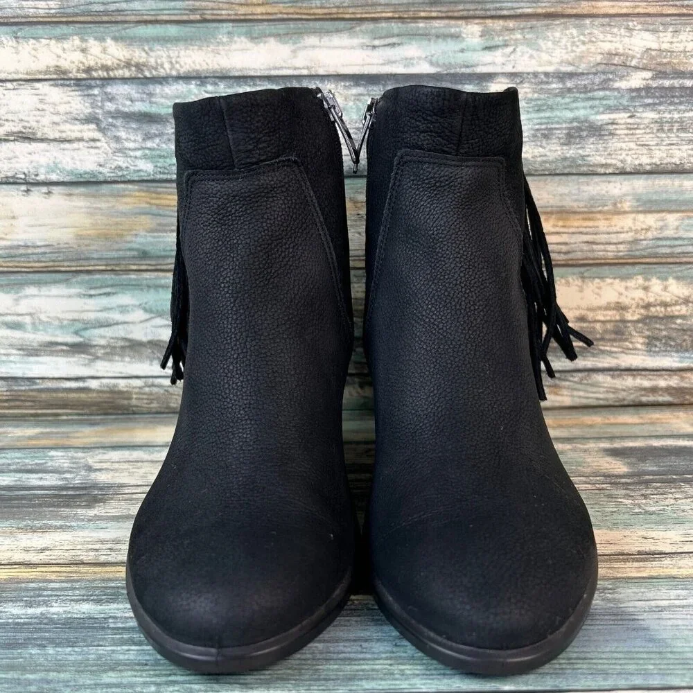 Ecco Shape 55 Fringe Ankle Boot Womens 5-5.5/36 Black Leather Western Dress Zip